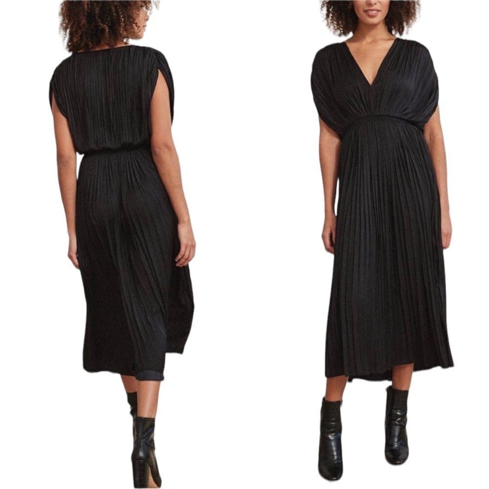 RW&CO. Satin Sleeveless V-Neck Pleated Midi Dress Curved Hem Black XS